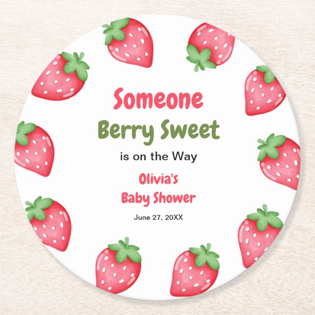 Someone Berry Sweet Strawberry Baby Shower  Runder Pappuntersetzer (Vorderseite)