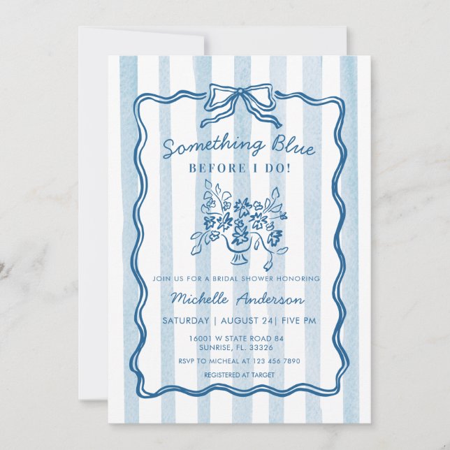 Something Blue Bow Stripe Bridal Shower Invitation (Devant)