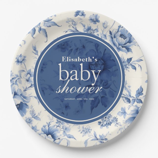Something Blue Floral French Toile Baby Shower Pappteller (Vorderseite)