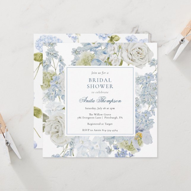 Something Blue Floral Ribbon Bridal Shower Einladung (Vorderseite/Rückseite Beispiel)