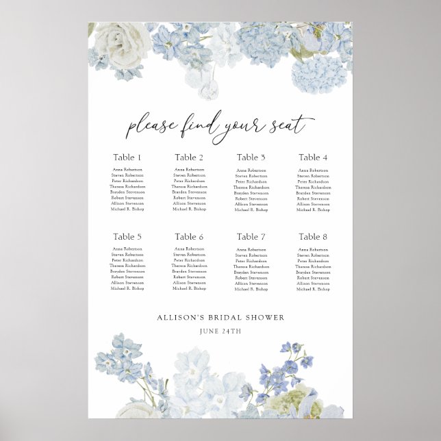 Something Blue Wedding Shower Seating Chart Poster (Vorne)