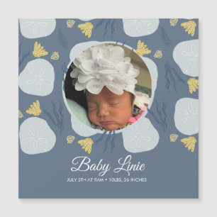 Sommer Baby Strand Thema Border Blau Foto Geburt  Magnetkarte