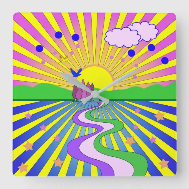 Sommer der Liebe Farbenfrohe psychedelische 60er 7 Quadratische Wanduhr (Vorderseite)