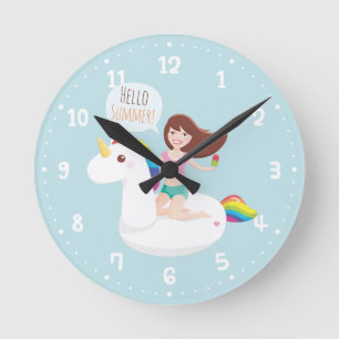 Sommer-Einhorn-Pool-Schwimmkörper-Wanduhr Runde Wanduhr