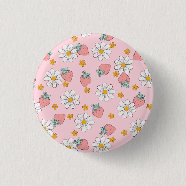 Sommer-Erdbeer-Gänseblümchen-Muster  Button (Vorderseite)