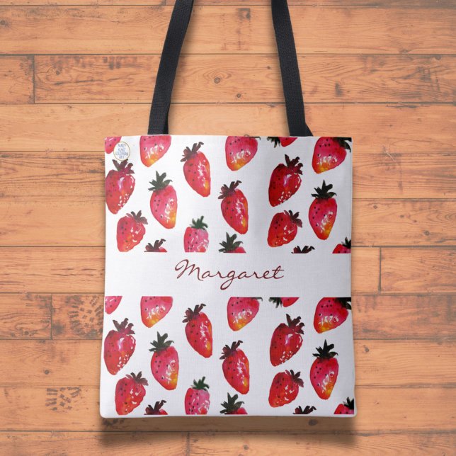 Sommer-Erdbeeren in Aquarellfarben Artistisches Ro Tasche (This unique, hand-illustrated strawberry tote is great for the beach or the farmers' market!)