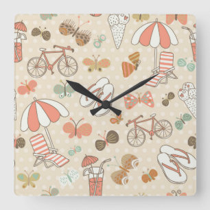 Sommer-Ferien-Muster Quadratische Wanduhr
