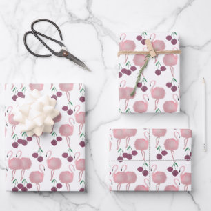 Sommer Flamingo Kirschen Handbemalt Aquarell Geschenkpapier Set
