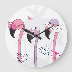 Sommer Flamingo: Strand Vintage Illustration. Große Wanduhr