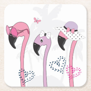 Sommer Flamingo: Strand Vintage Illustration. Rechteckiger Pappuntersetzer
