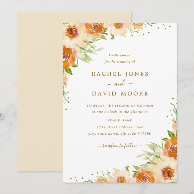 Sommer Floral Watercolor Gold Hochzeit Einladung (Vorne/Hinten)