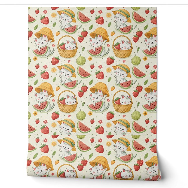 Sommer-Früchte-Katzen-Muster - Picknick-Design für Tapete (Abrollen)
