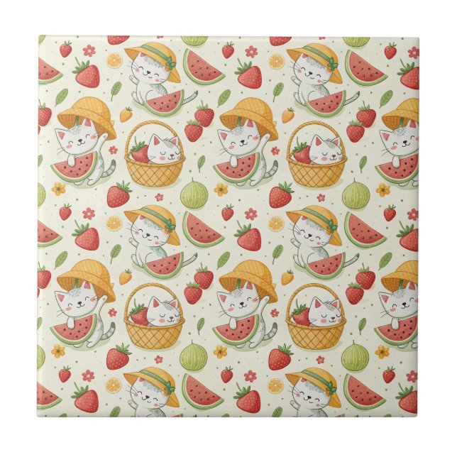 Sommer-Früchte-Katzenmuster - Picknick-Design für  Fliese (Vorderseite)