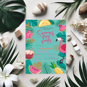 Sommer-, Früchte-, Palmenblatt-Flamingo-Geburtstag Einladung