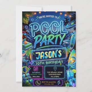 Sommer-Glow-Neon-Poolparty-Jungen-Geburtstag Einladung