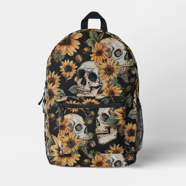 Sommer-Gothschädel und Sonnenblumen Spooky Bedruckter Rucksack (Vorderseite)