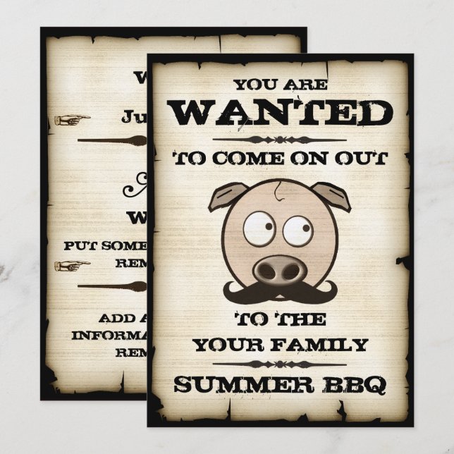 Sommer-GRILLEN Mustache Pig Gewollt Einladungen (Vorne/Hinten)