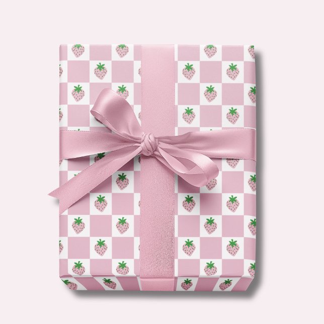 Sommer-Himbeer-Rosa-Schachbrett Geschenkpapier (Pink strawberry checkerboard wrapping paper. Ideal for girls birthday gifts and baby showers.)