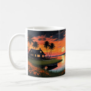 Sommer Hintergrund mit Sonnenuntergang Palmen Kaffeetasse