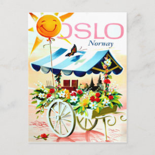 Sommer in Oslo, Norwegen. Blumenkarren und glückli Postkarte