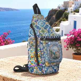 Sommer Italienisch Blau Florales Fliesen Zitrone M Crossbody Bag