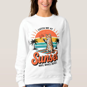 Sommer-Katze Retro-Sonnenuntergang-Strand-Design f Sweatshirt