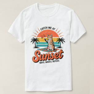 Sommer-Katzen-Sonnenuntergang Retro-Strand-Vibes T T-Shirt