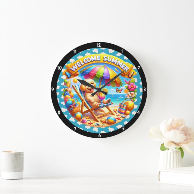 Sommer mit Beach-Szene Entspannung Welpe Große Wanduhr (Zuhause)