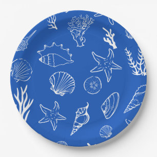 Sommer-Muscheln Rahmen Strandhochzeit Blau Pappteller