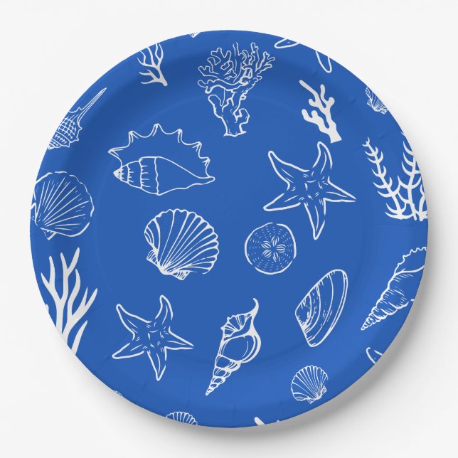 Sommer-Muscheln Rahmen Strandhochzeit Blau Pappteller (Vorderseite)