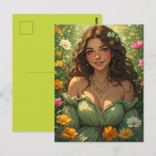 Sommer-Natur-Göttin Nymphe im grünen Gewand Blumen Postkarte