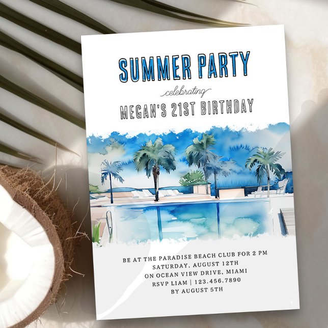 Sommer Party Tropischer Pool Geburtstag Einladung (Summer Birthday Party Invitation with inviting pool scene)