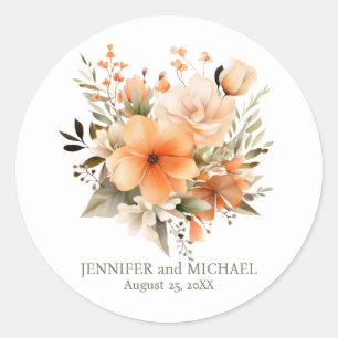 Sommer-Pfirsich- und Grüne Florale Hochzeit Runder Aufkleber