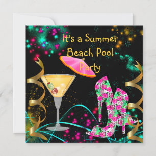 Sommer-Pink-Schwarz-Strand-Poolparty Einladung