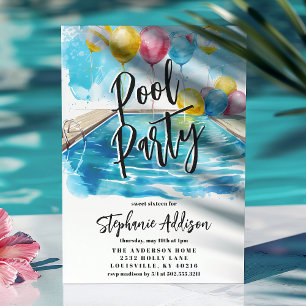 Sommer-Poolparty Aquarell Sweet 16 Geburtstag Einladung