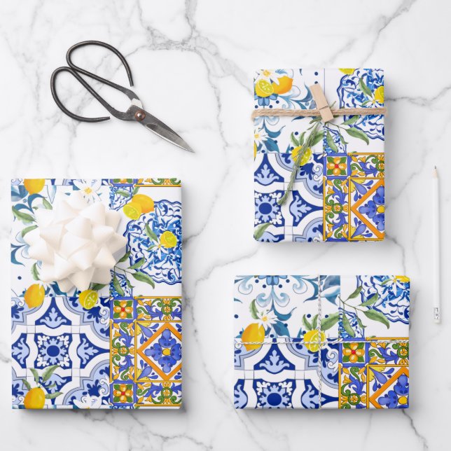 Sommer,Portugiesische Fliesen,Zitrusfrüchte,Zitron Geschenkpapier Set (Vorderseite)