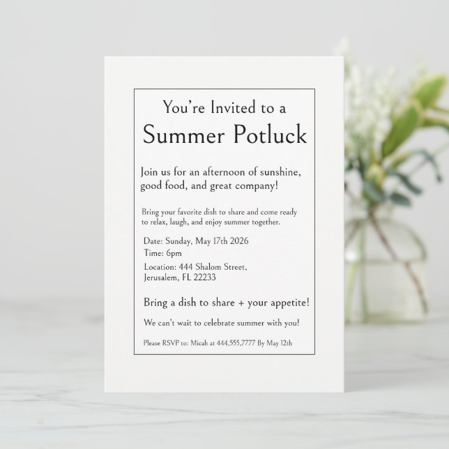 Sommer-Potluck-Party, modern, schlicht, minimal Einladung (Stehend Vorderseite)