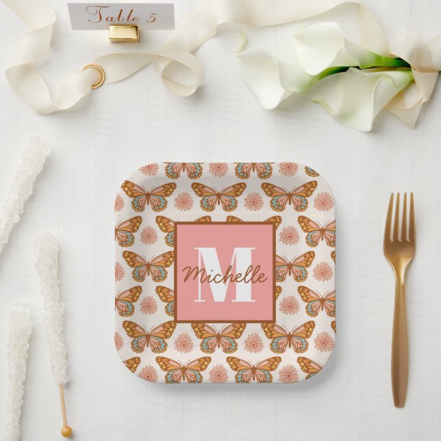 Sommer Retro Schmetterling | Monogramm-Papiertelle Pappteller (Hochzeit)