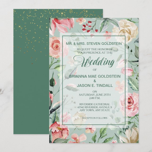 Sommer Rose Grenz Grüne Hochzeitseinladung Einladung (Vorne/Hinten)