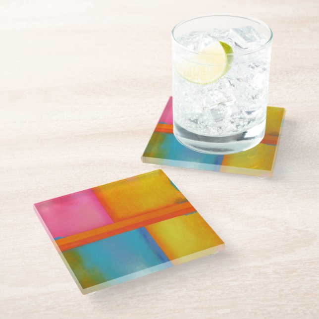 SOMMER, SONNE & SEE - Rosa Gelb Abstrakte Kunst Glasuntersetzer (Schrägansicht)