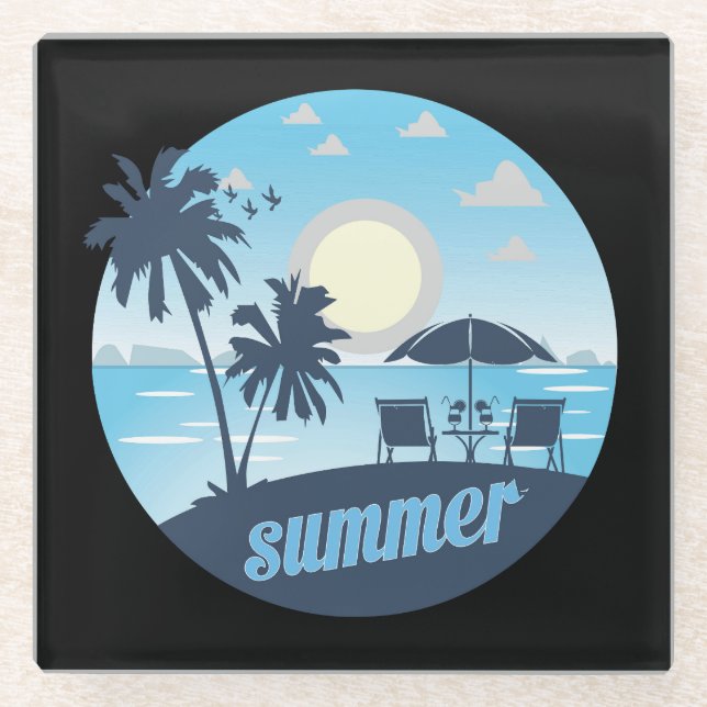 Sommer, Sonne, Strand, Stühle, Sonnenschirm und Pa Glasuntersetzer (Vorderseite)