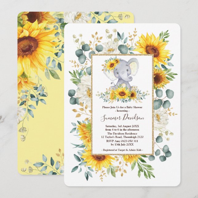 Sommer-Sonnenblume-Elefant-Grün-Babyparty Einladung (Vorne/Hinten)