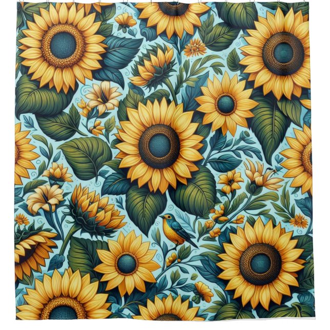 Sommer/Sonnenblumen/Vogel Duschvorhang (Vorderseite)