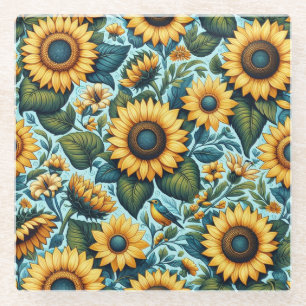 Sommer/Sonnenblumen/Vogel Glasuntersetzer