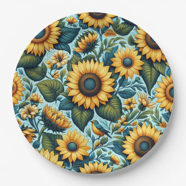 Sommer/Sonnenblumen/Vogel Pappteller (Vorderseite)