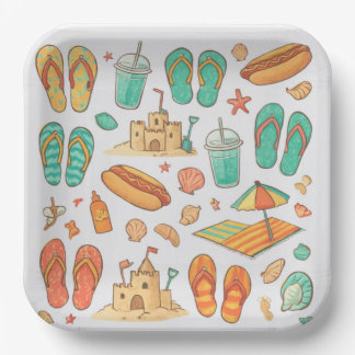 Sommer-Spaß mit Hot Dogs und Flip Flops Quadrat Pappteller