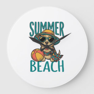 Sommer-Strand-Hund-Vintage-Sonnenbrille-Shirt-Desi Große Wanduhr