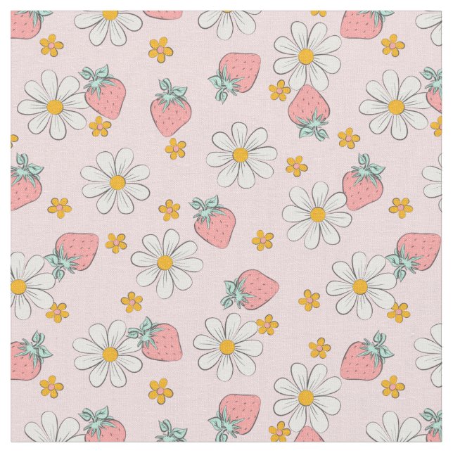 Sommer-Strohbeer-Gänseblümchen-Blumenmuster  Stoff (Nahaufnahme)