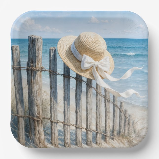 Sommer-Strohhut auf Strandzaun Pappteller (Vorderseite)