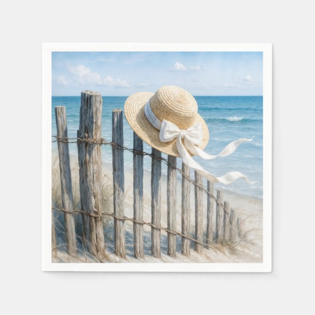 Sommer-Strohhut auf Strandzaun Serviette (Vorderseite)
